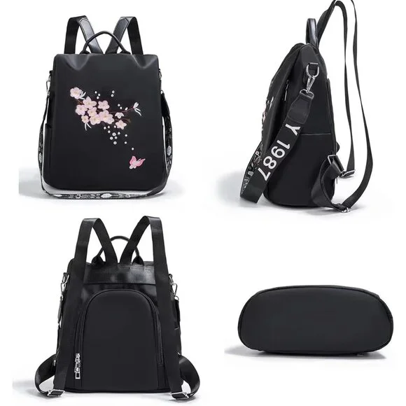 Small Nylon Anti-Theft Travel Backpack Purse with Embroidery Anti-Theft Multi-Compartment Floral Embroidered Nylon  main image 4